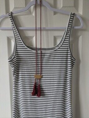 Yozy Striped Scoop Neck Ribbed Side Slit Maxi Dress Black White Medium